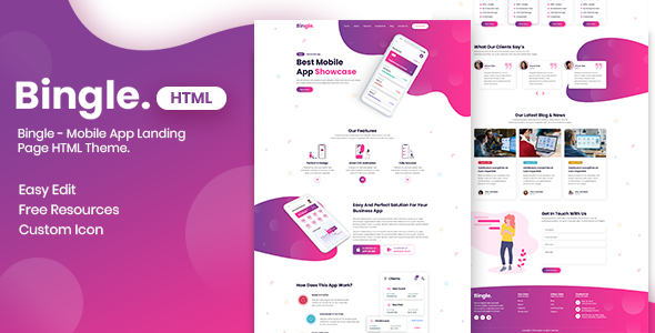 Bingle - Mobile App Landing Page HTML Theme - Apps Technology