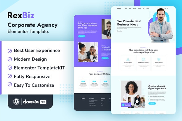 Rexbiz – Corporate Agency Elementor Template Kit - Business & Services Elementor