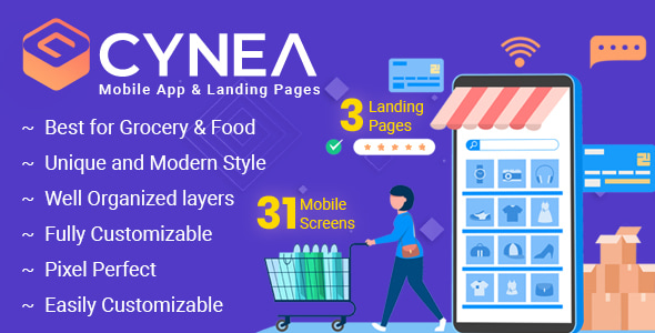CYNEA - Grocery Mobile App & Landing Pages PSD Template - Retail Photoshop