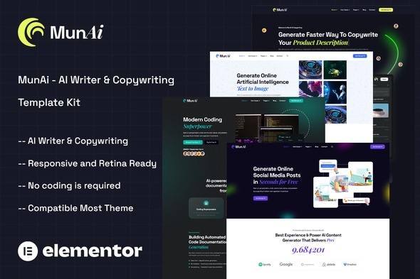 MunAi - AI Writer & Copywriting App Elementor Template Kit - Technology & Apps Elementor