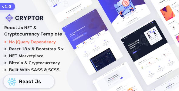 Cryptor - React Js NFT Marketplace & Cryptocurrency Landing Template - Technology Site Templates