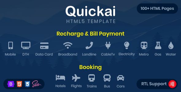 Quickai - Recharge & Bill Payment, Booking HTML5 Template - Travel Retail