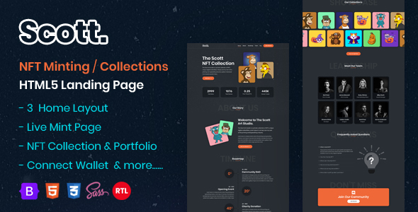 Scott - NFT Minting and Collection Landing Page HTML5 Template - Technology Site Templates