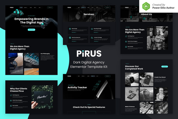 PIRUS – Dark Digital Agency Elementor Template Kit - Creative & Design Elementor