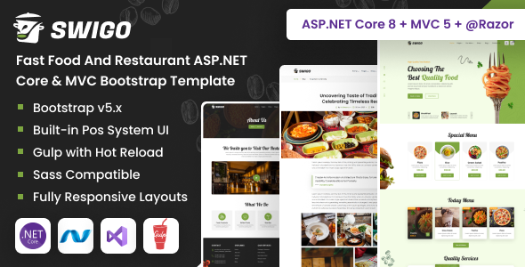 Swigo - Fast Food And Restaurant ASP.NET Core & MVC Bootstrap Template - Food Retail
