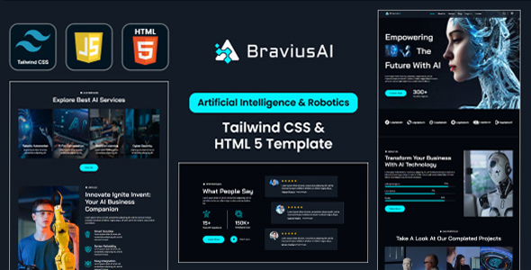 BraviusAI – AI & Robotics Tailwind CSS Template - Technology Site Templates