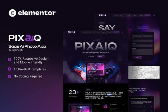 Pixaiq - Saas AI Photo App Elementor Template Kit - Technology & Apps Elementor