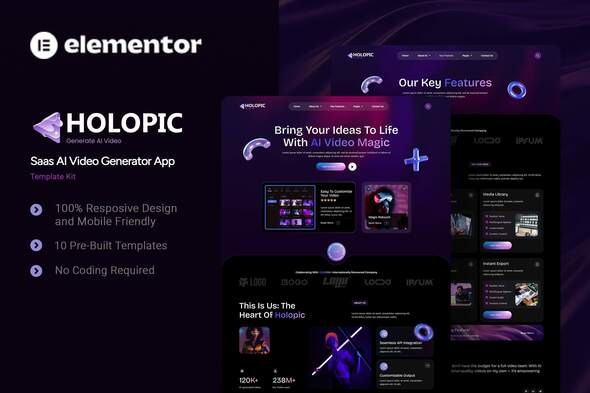 Holopic - Saas AI Generator App Elementor Template Kit - Technology & Apps Elementor