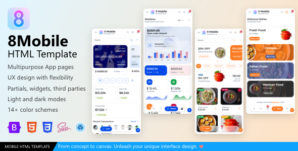 8 Mobile Finanace Wallet Restaurant Multipurpose Mobile App UI HTML Template - Mobile Site Templates