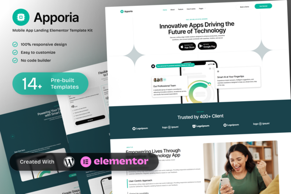 Apporia - Mobile App Landing Elementor Template Kit - Technology & Apps Elementor